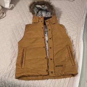 Burton Women's Snowboarding Brown Vest with Faux Fur Hood